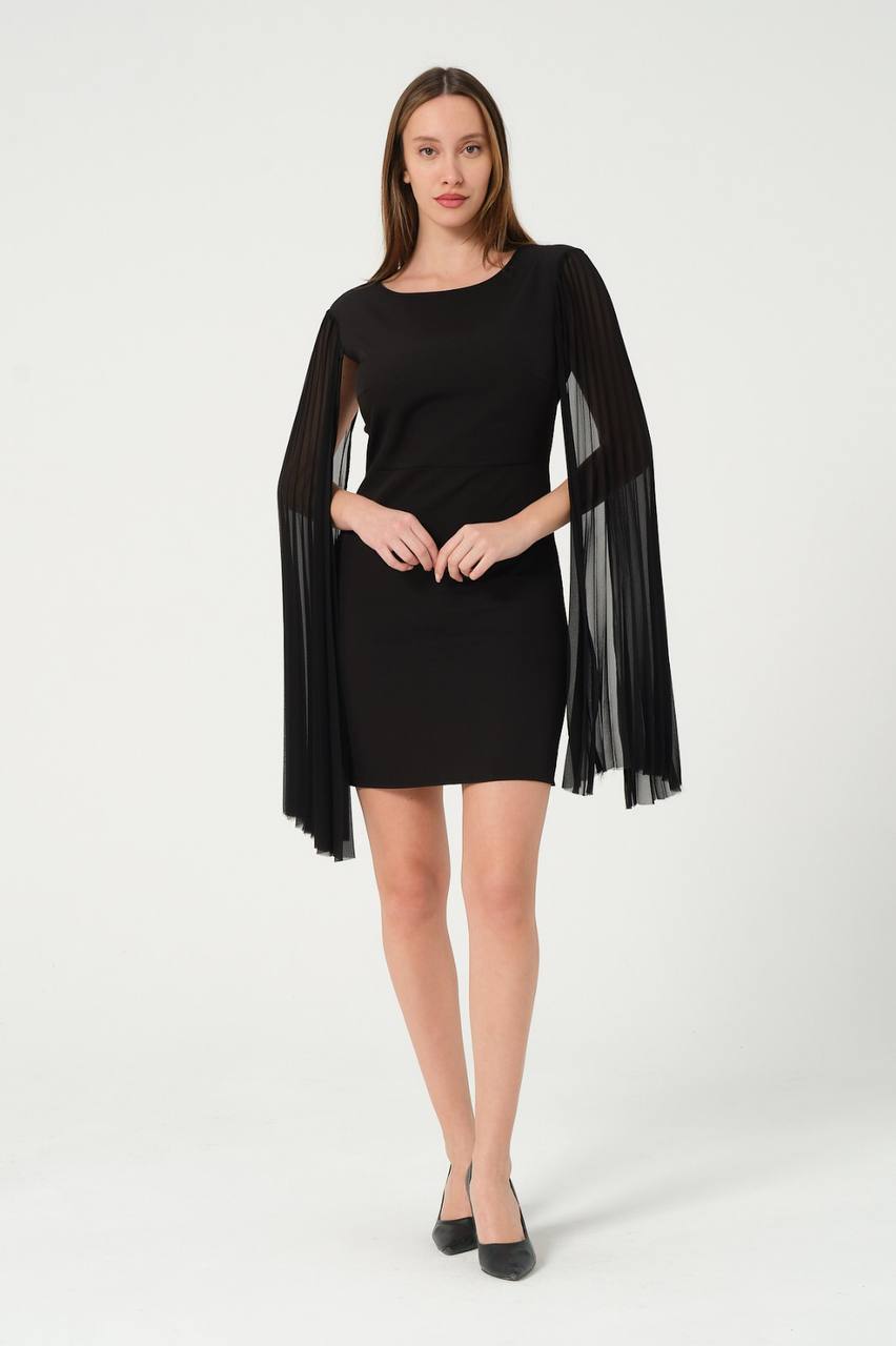 Elegant Black Mini Dress with Flowing Pleated Cape Sleeves Perfect f DIACO Elegant Black Mini Dress with Flowing Pleated Cape Sleeves Perfect f DIACO