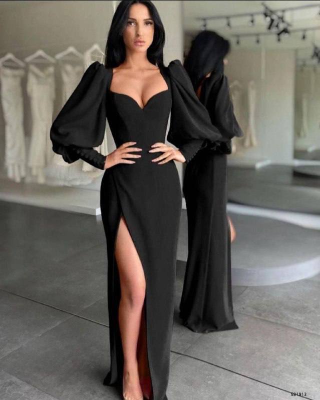 Elegant Black Long-Sleeve Gown with Sweetheart Neckline and High