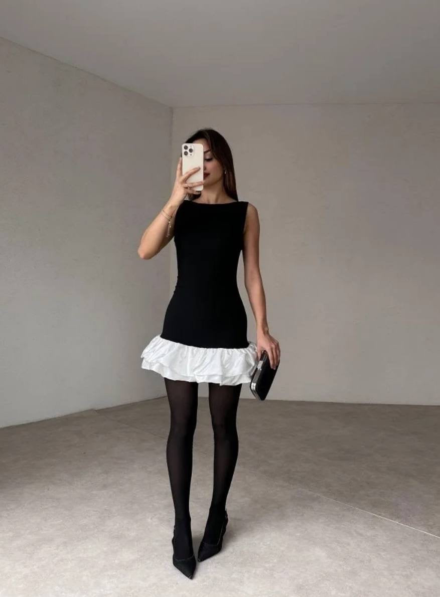Ruffle Hem Mini Dress – Classic Black and White Contrast Dress L