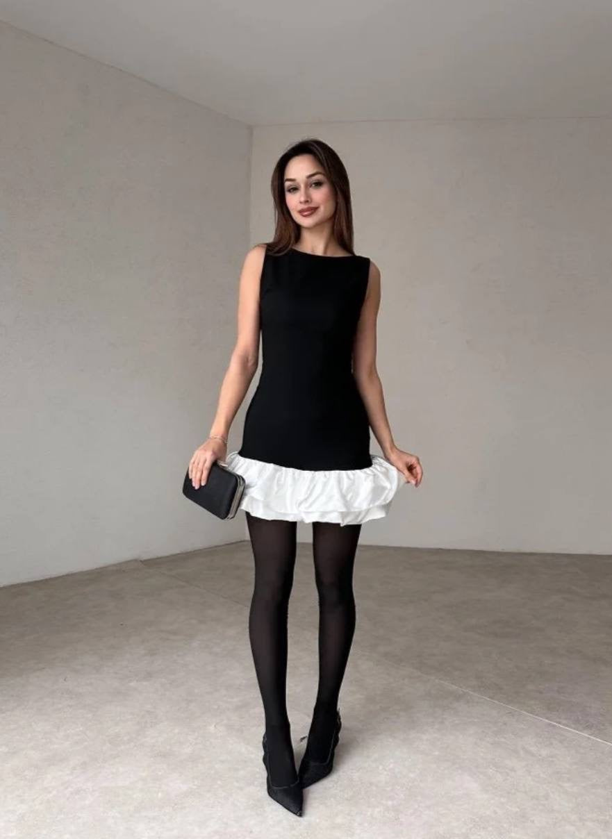 Ruffle Hem Mini Dress Classic Black and White Contrast Dress L Ruffle Hem Mini Dress Classic Black and White Contrast Dress L