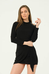 Sleek Black Mini Dress with Studded Shoulder Cut-Outs and Tie Waist – Bold and Stylish Party Look