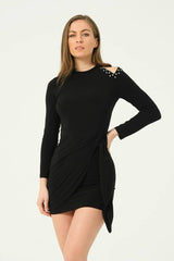 Sleek Black Mini Dress with Studded Shoulder Cut-Outs and Tie Waist – Bold and Stylish Party Look