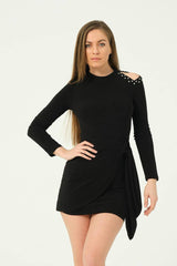 Sleek Black Mini Dress with Studded Shoulder Cut-Outs and Tie Waist – Bold and Stylish Party Look