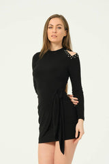 Sleek Black Mini Dress with Studded Shoulder Cut-Outs and Tie Waist – Bold and Stylish Party Look