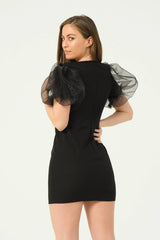 Elegant Black Mini Dress with Puff Sheer Sleeves and Studded Neckline – Perfect for Glamorous Occasions