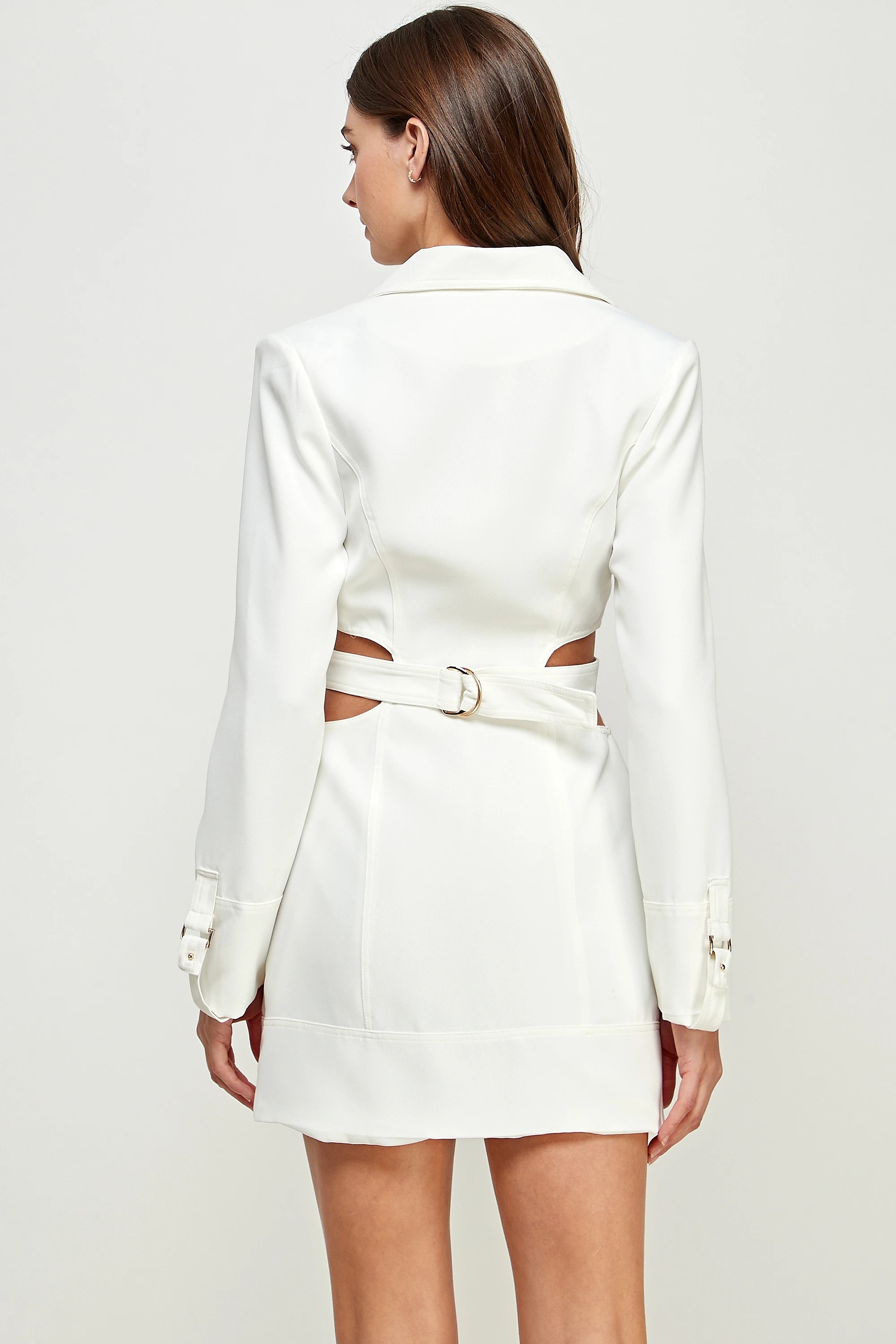 White Long Sleeve Blazer Dress with Side Cut-Outs and Pocket Detail Elegant and Trendy White / S White Long Sleeve Blazer Dress with Side Cut-Outs and Pocket Detail Elegant and Trendy White / S