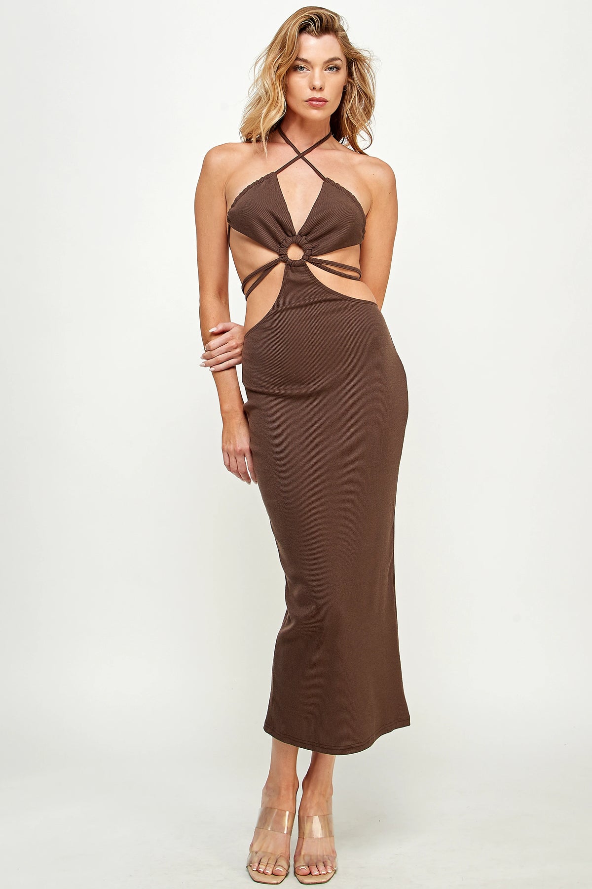 Brown Cut-Out Halter Neck Maxi Dress DIACO Brown Cut-Out Halter Neck Maxi Dress DIACO