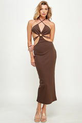 Halter Neck Side Cut-Out With Tie Detailed Midi Dress