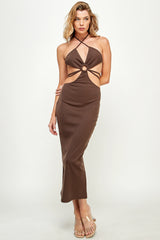 Halter Neck Side Cut-Out With Tie Detailed Midi Dress