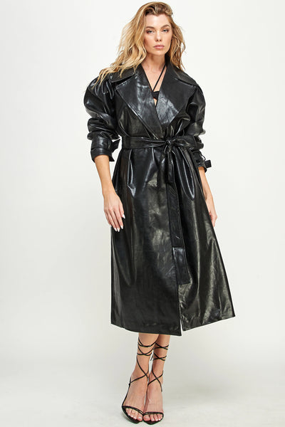 Classic Black Faux Leather Trench Coat with Belted Waist – Edgy and Timeless Look Black / L