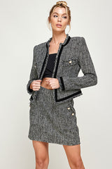 Chic Women's Tweed Blazer and Skirt Set – Black and White Two-Piece Office Outfit