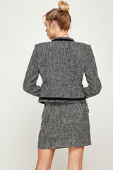 Chic Women's Tweed Blazer and Skirt Set – Black and White Two-Piece Office Outfit